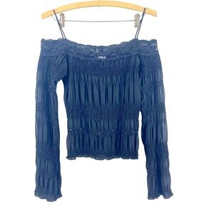 Y2K Off Shoulder Lace Top Black Smocked Sequin McBling Bratz Going Out Top